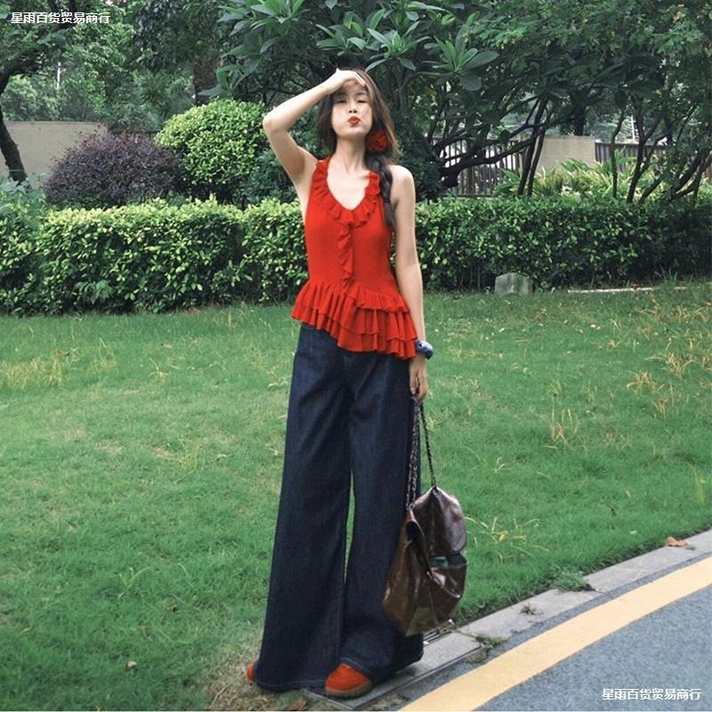 今年流行的女装套装纯欲风无袖挂脖红色露背吊带背心牛仔裤两件套|undefined