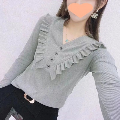 Long sleeve Base coat Autumn new pattern Easy Cover the belly Show thin Blouse Versatile Lotus leaf jacket Primer Blouse