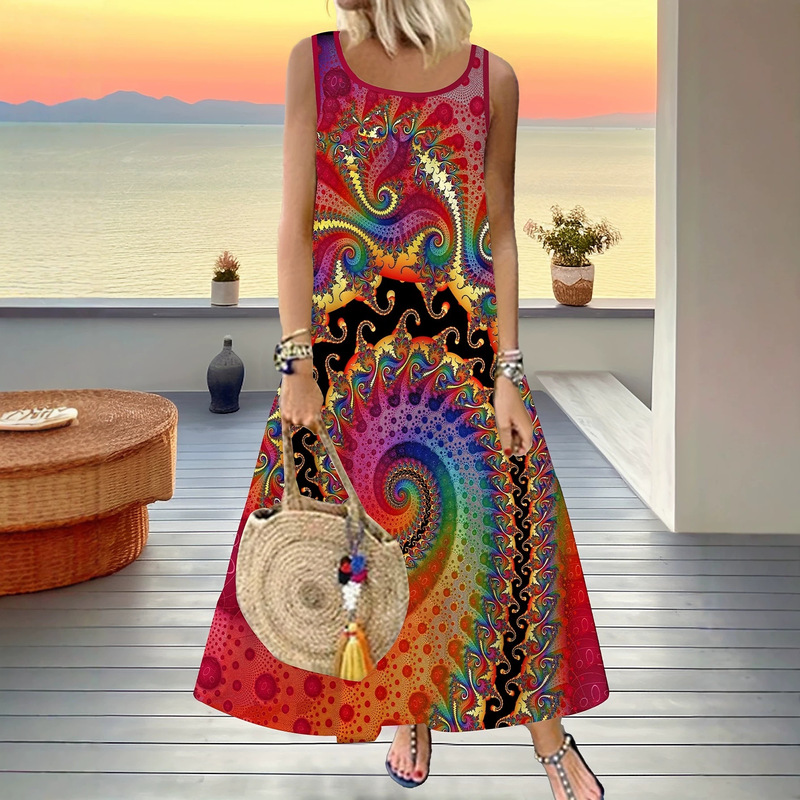 Direct from the factory: Cross-border summer vibrant spiral-print sleeveless maxi dress, round-neck, loose-fitting, casual vacation dress Direct from the factory: Cross-border summer vibrant spiral-print sleeveless maxi dress, round-neck, loose-fitting, casual vacation dress