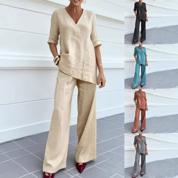 2026 In-Stock European and American Cross-Border Spring/Summer Women's Casual Cotton-Linen Solid Color Fashion Casual Mid-Sleeve V-Neck Top Set