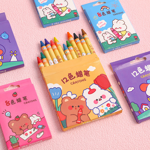 Cartoon crayon student art painting 12-color oil pastel stationery set prize gift children's 8-color paintbrush