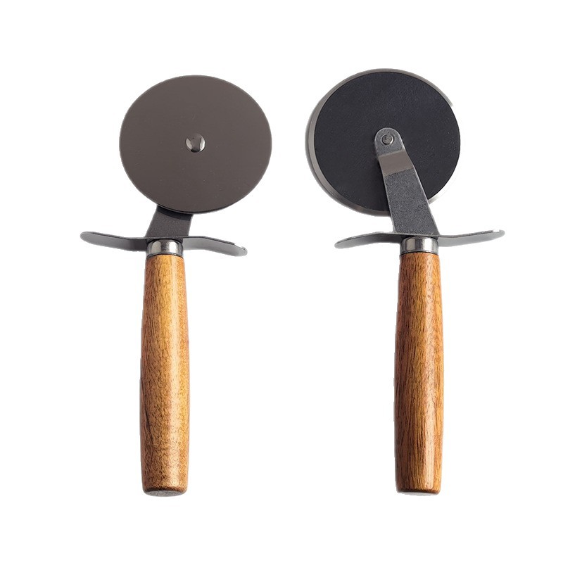 Cuchillo de pizza de acero inoxidable spot transfronterizo madera sólida acacia mango de madera rodillo redondo cuchillo de pasteles herramientas de cocina para hornear