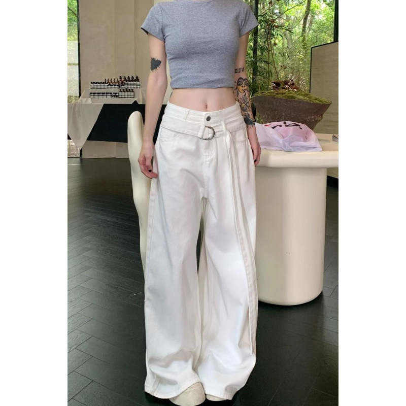 美式设计感高腰牛仔裤女2025秋冬新款垂感腰带直筒阔腿拖地长裤潮|undefined
