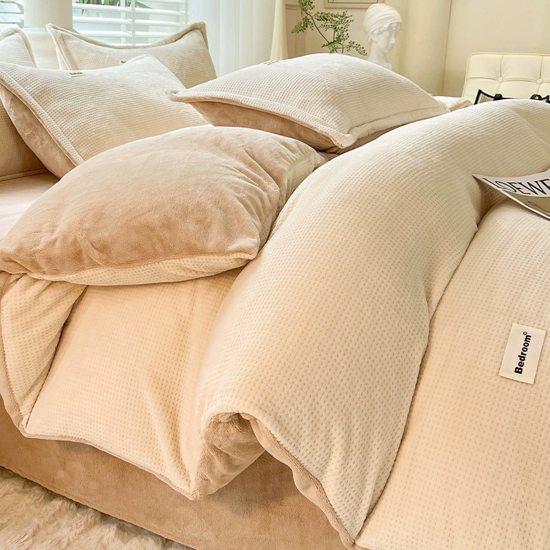 velvet warm jeans, coral set, warm sheet, flannel suede duvet cover, 4 piece set, bedding