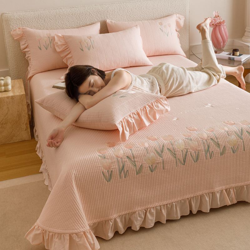 Lace Pure Cotton Bed Cover Single Piece for All Seasons Quilted 100 Cotton Tatami Bed Bed Sheets Pillowcase Three-Piece Set