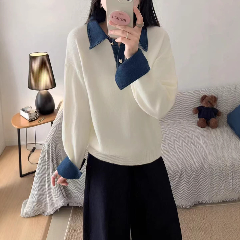 Cross-Border Loose-Fitting Polo Collar Denim Sleeve Patchwork Fake Two-Piece Sweater for Women, New Autumn and Winter Knitwear Fashion Top Cross-Border Loose-Fitting Polo Collar Denim Sleeve Patchwork Fake Two-Piece Sweater for Women, New Autumn and Winter Knitwear Fashion Top
