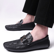 皮鞋春夏季休闲男鞋豆豆鞋直播鳄鱼纹抖音真皮网红开车爆款男士
