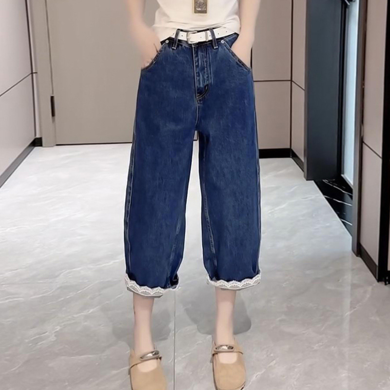 100.00kg plus size Eight Points Jeans Women's Summer Straight Leg Pants Thin Fat mm High Waist Slimming Harlan Wide Leg Pants
