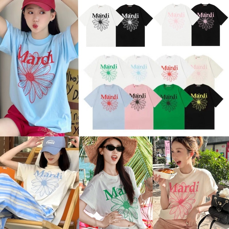 マルディ 小さなデイジー柄 ラウンドネック 半袖 レディースTシャツ ゆったり 着痩せ効果 レタープリント 綿100% トップス プリント半袖Tシャツ|undefined
