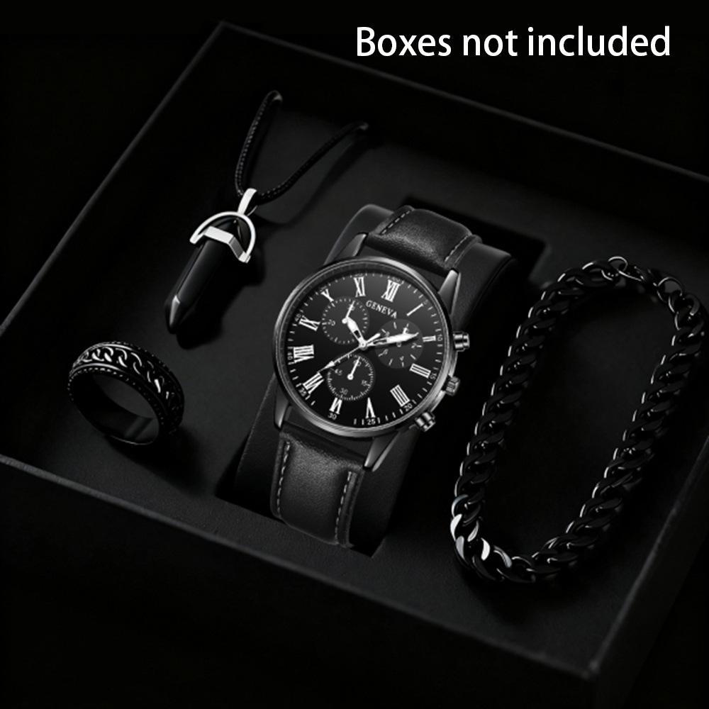 Geneva Three-Eye Belt Watch Men's Business Casual Versatile Quartz Watch Student Watch Set Cross-Border Hot Sale