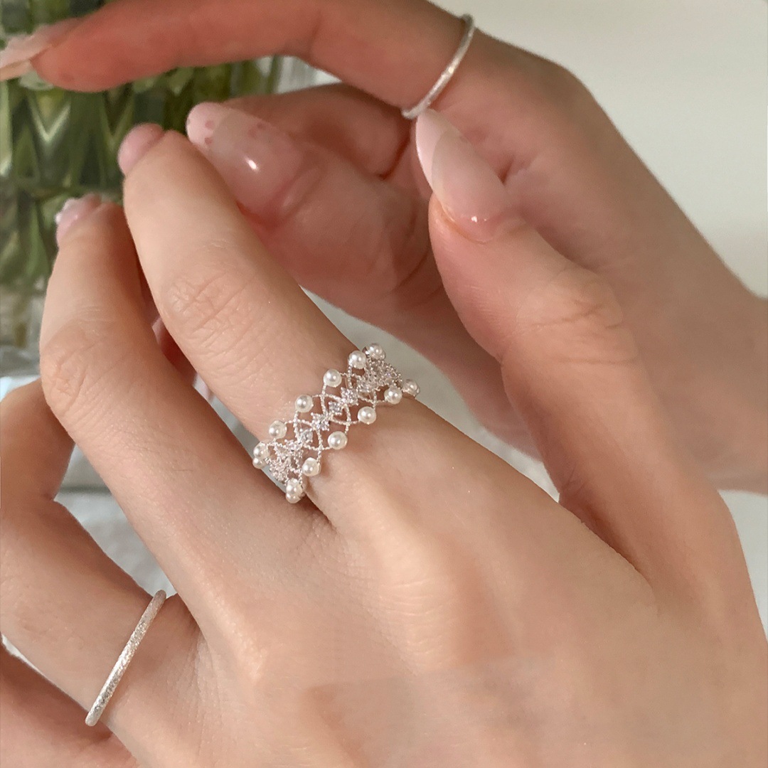 Korean Style Simple and Versatile Lace Imitation Pearl Synthetic Zircon Ring Light Luxury Niche Index Finger Ring