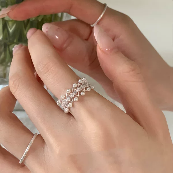 Korean Style Simple and Versatile Lace Imitation Pearl Synthetic Zircon Ring Light Luxury Niche Index Finger Ring