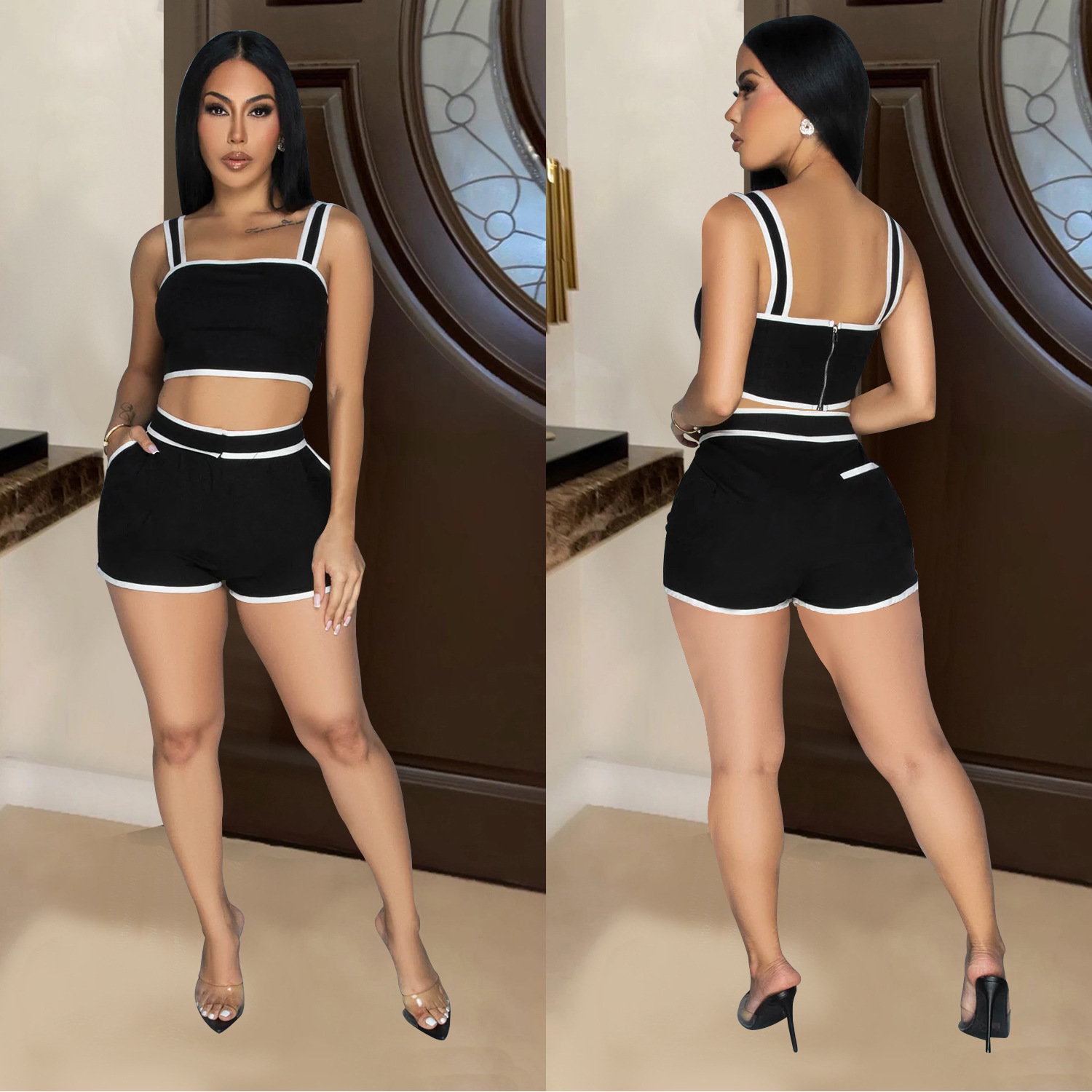 C6966 Aliexpress transfronterizo Amazon estación independiente de moda europea y americana ropa de mujer de color sólido pantalones cortos de dos piezas mujeres