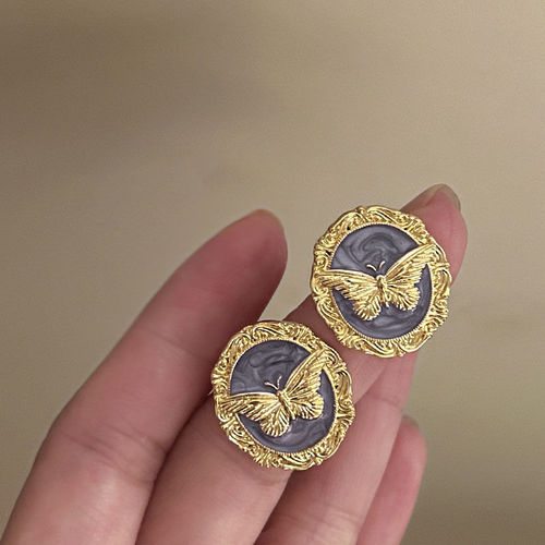 French Retro Butterfly Glaze Metal Earrings Light Luxury Niche Design Temperament Stud Earrings for Women