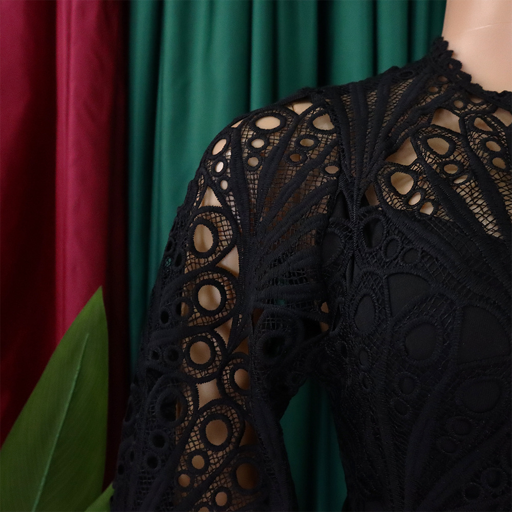 Women's Lace Hook Dress Hollow Pleated Stitching New Clothing_ecoleips.com