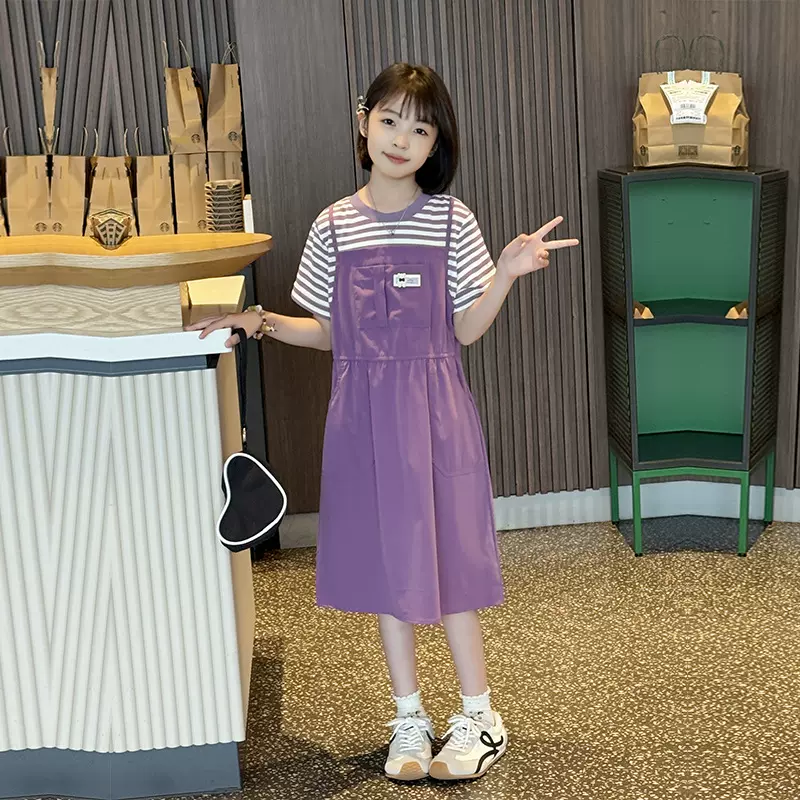 女童假两件连衣裙夏款儿童工装风背带裙短袖宽松女孩夏季休闲裙子