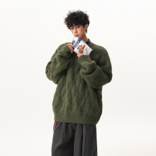 复古氛围感圆领毛衣男秋冬季宽松慵懒感麻花厚实情侣针织外套上衣