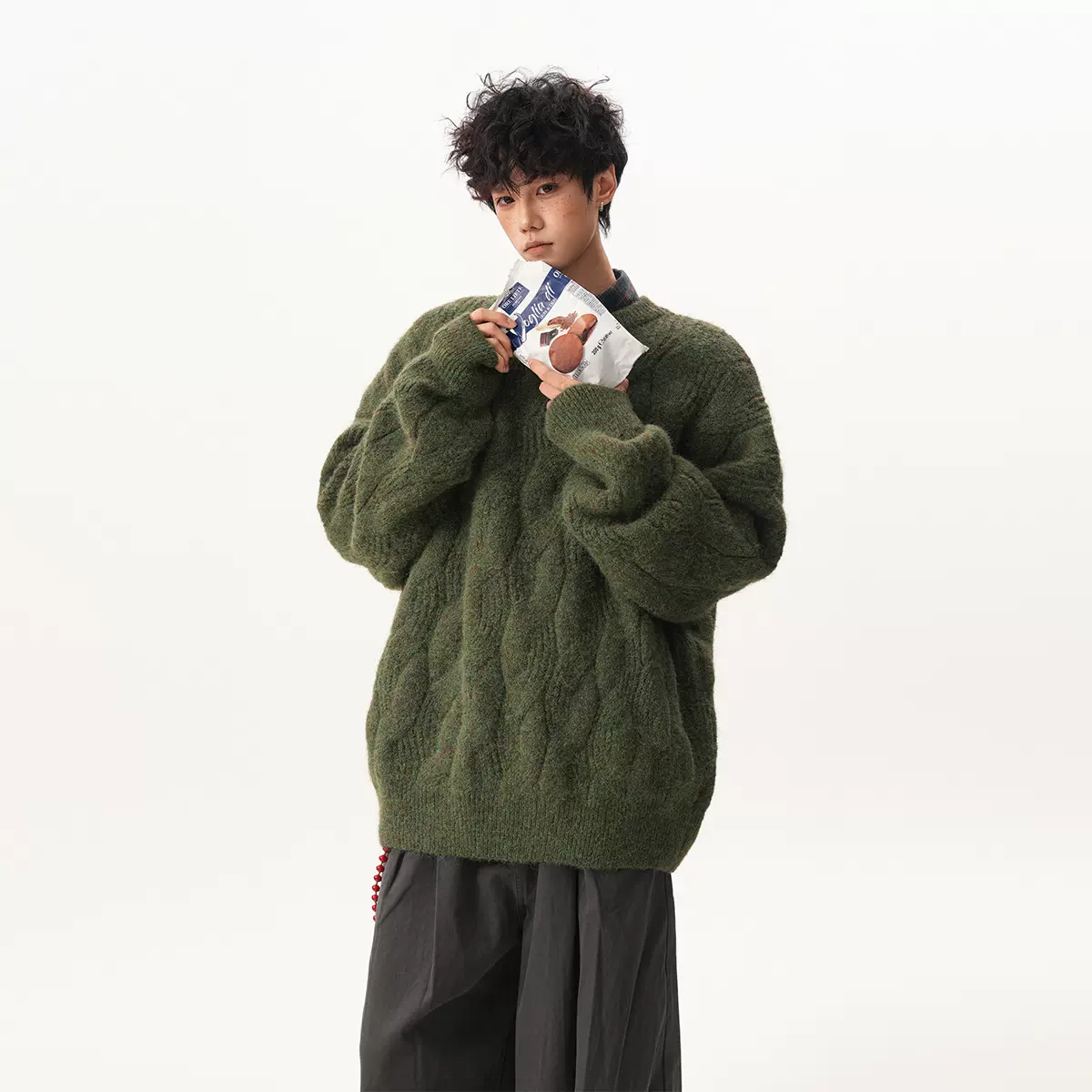 复古氛围感圆领毛衣男秋冬季宽松慵懒感麻花厚实情侣针织外套上衣