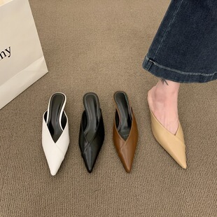 Baotou Pointed Toe Half Slippers Women's Outfit 2025 Summer Sandals and Slippers Women's Shoes Black High Heel Mid Heel Fine Heel Muller Shoes