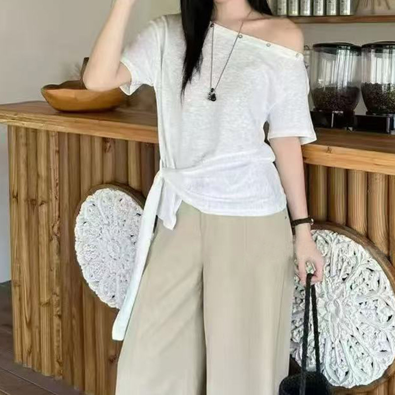 Huang Zheng Korean-Style Gentle and Cute One-Shoulder Short T-Shirt for Women 2026 Summer New Style Tie-Waist Versatile Short-Sleeve Top Huang Zheng Korean-Style Gentle and Cute One-Shoulder Short T-Shirt for Women 2026 Summer New Style Tie-Waist Versatile Short-Sleeve Top
