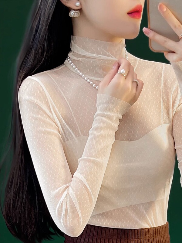 High Collar Lace Base Shirt Women's Autumn and Winter New Stylike Small Shirt Transparent Thin Long-Sleeved T-Shirt Mesh Top