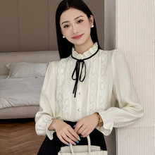 2025冬装新款立领长袖衬衫蕾丝拼接女衬衣洋气女上衣9599