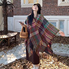 云南大理新疆旅游民族风斗篷格子大披肩秋冬保暖针织外搭外套围巾