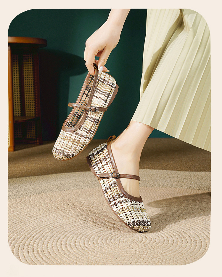 Sandal Mary Jane nữ quai ngang đan thoáng, mũi tròn, gót vuông ổn định, da thật — màu nâu chi tiết 17