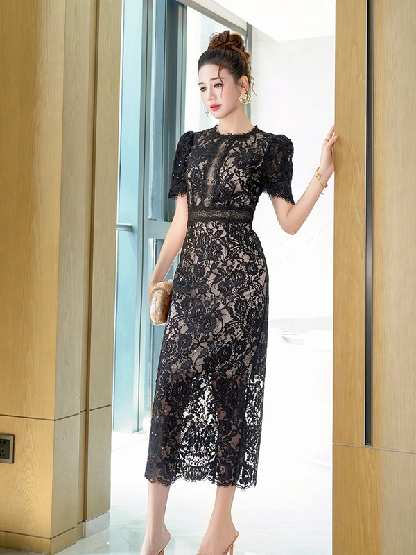 2025夏季新款女装名媛风气质圆领修身中长款包臀蕾丝连衣裙21791|undefined