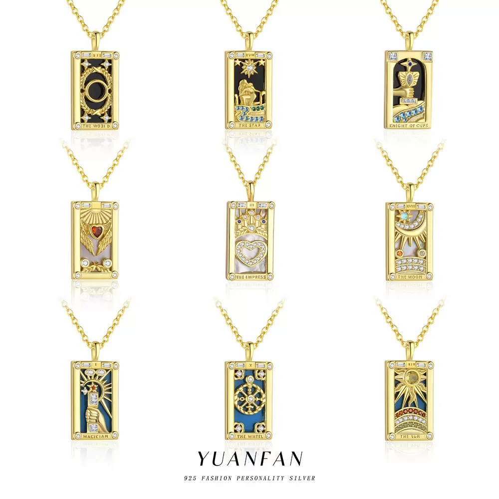 S925纯银欧美复古塔罗牌吊坠镀金滴油锆石项链小众中古风跨境首饰