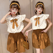 夏季女童公主飞袖套装外贸新款韩版中大童学生短袖衬衫短裤两件套
