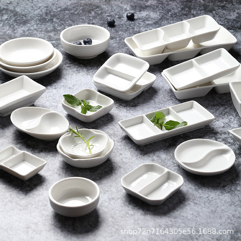 Pure White Ceramic Small Dish Commercial Flavor Dish Hot Pot Two-compartment Three-compartment Seasoning Dip Dish Soy Sauce Vinegar Bowl for Home Use