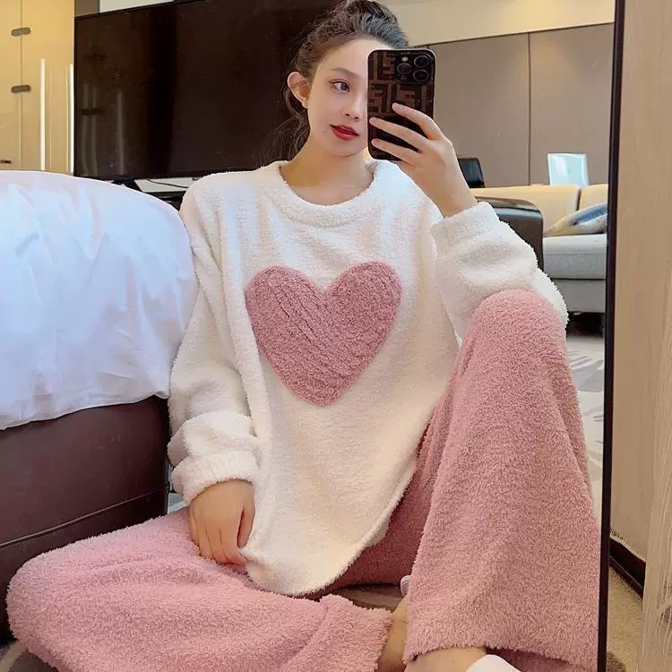 心形珊瑚绒睡衣女冬季加厚加绒保暖甜美爱心高级感大码家居服套装