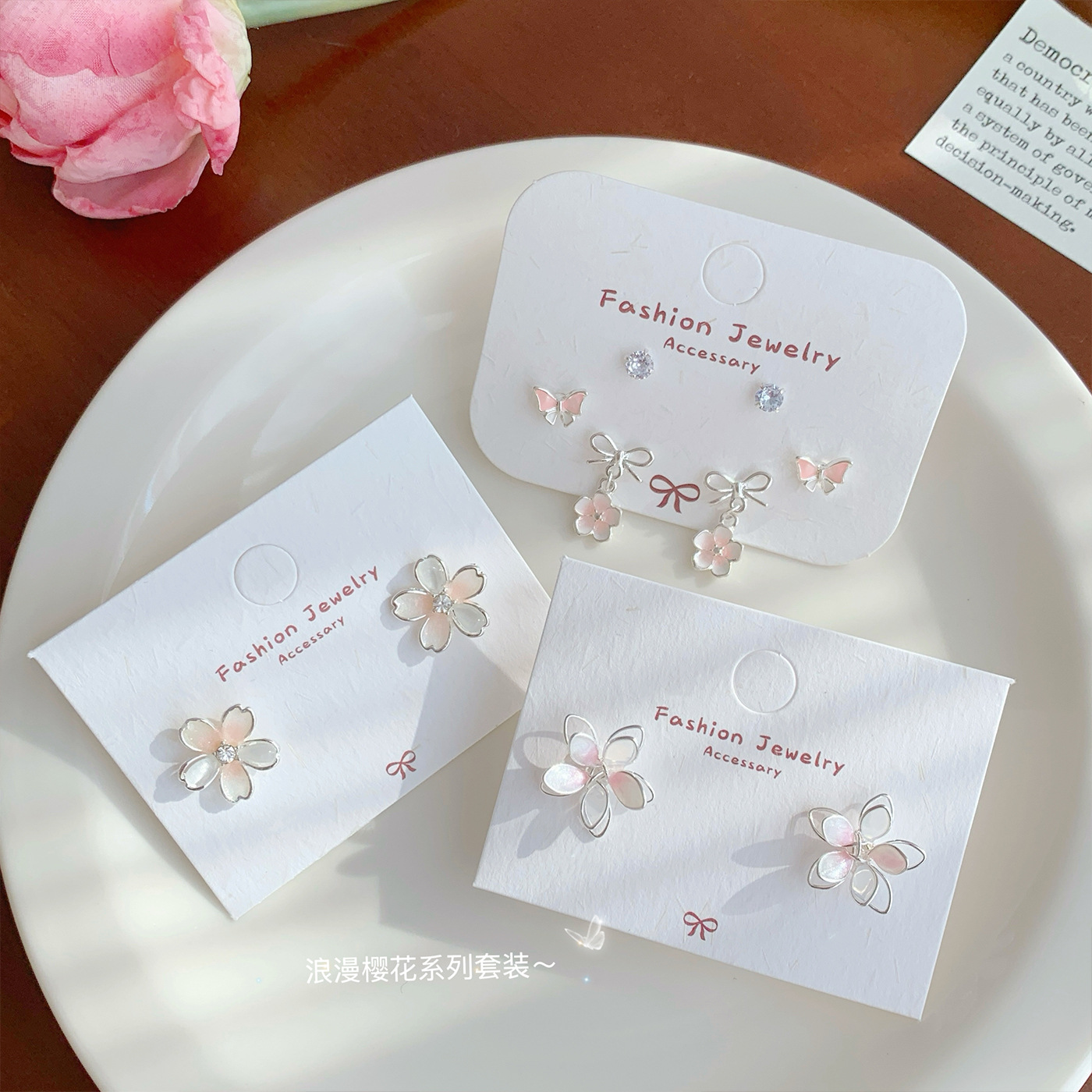 spring and summer sweet pink cherry blossom earrings light luxury high-grade female silver needle fairy butterfly temperament drop oil earrings