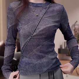 时尚设计感拼接圆领长袖t恤女春秋2026新款轻熟修身显瘦百搭上衣