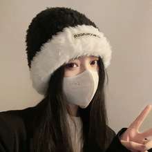 韩国撞色毛绒帽子女冬季保暖大头围毛线帽护耳显脸小毛茸茸针织帽