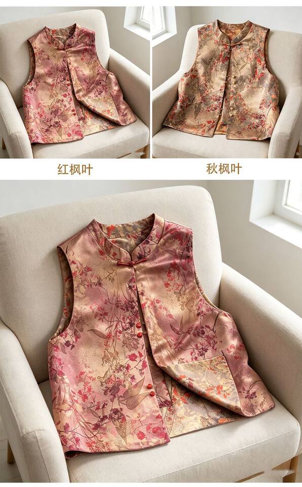 Áo gile không tay dệt jacquard họa tiết nổi, dáng rộng, mặc được hai mặt, dài áo 50–65 cm — Lá phong thu + lá vàng thu, mặc được hai mặt, Lá phong đỏ + lá phong thu, mặc được hai mặt, Lá vàng mùa thu + lá phong đỏ, mặc được hai mặt, Đỏ rực + Xanh ô liu, mặc được hai mặt chi tiết 8