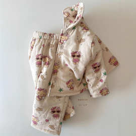 女童夹棉居家服套装2025冬季新款宽松卡通可爱KT猫夹棉a类睡衣潮