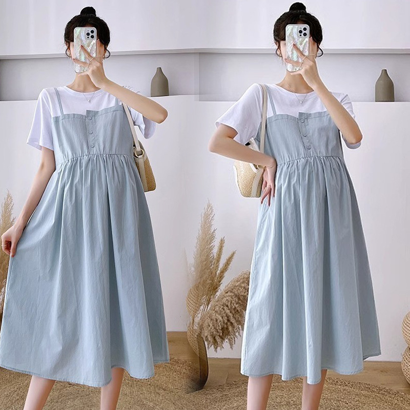 Pregnant Women's Summer Fake Two-piece Round Thin Pregnant Mother Loose Belly Covering Slimming Mid-length Outer Wearing All-match Fashionable Skirt Pregnant Women's Summer Fake Two-piece Round Thin Pregnant Mother Loose Belly Covering Slimming Mid-length Outer Wearing All-match Fashionable Skirt