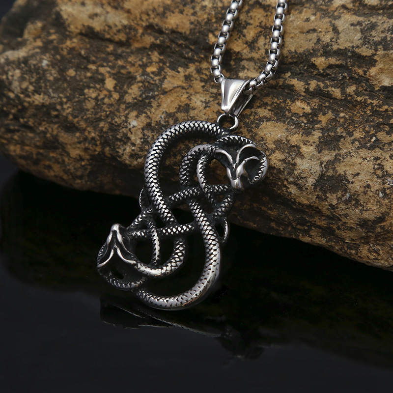 Collana con ciondolo talismano nordico in acciaio inossidabile con doppio drago vichingo in titanio da uomo e da donna_voghion.com