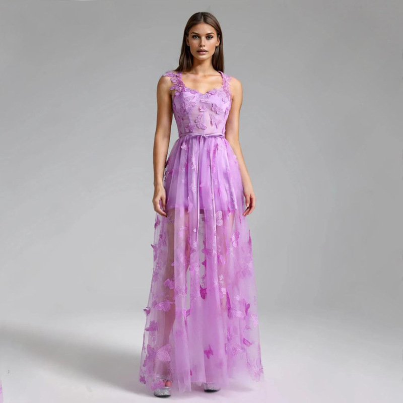 European and American Amazon Purple Fairy-Like Mesh Evening Dress with Elegant Butterfly Design, Foreign Trade Birthday Ball Gown, Long Style