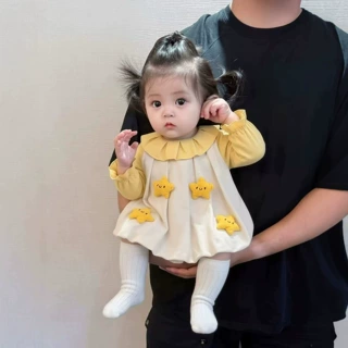 女童连衣裙2026秋季婴儿立体星星套装洋气女宝宝周岁可爱花苞裙子