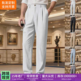 跨境男装春秋季竖条纹亚麻休闲裤 亚马逊宽松通勤度假直筒西装裤