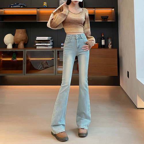 Women's Wide-Leg Jeans 2024 Autumn/Winter New Arrival High-Waist Slimming Flared Pants Cement Grey Elastic Martedrin