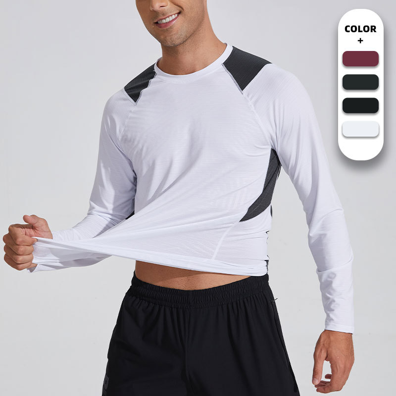 Ropa de secado rápido a juego de color de moda para hombres nueva de cuatro agujas de seis líneas cuello redondo transpirable fitness running baloncesto deportes Camiseta de manga larga
