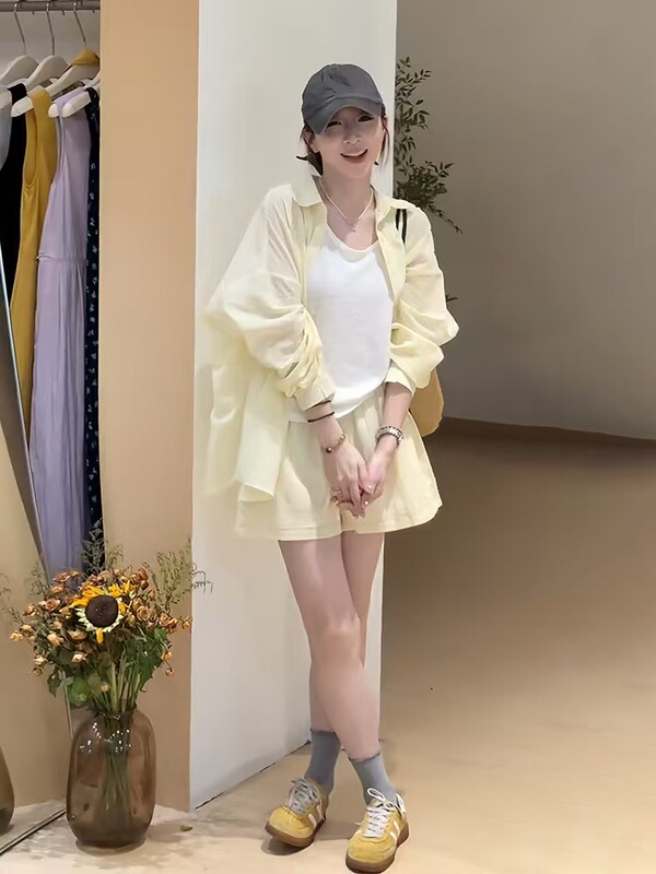 休闲时尚防晒衬衫短裤三件套装小个子穿搭夏装搭配一整套夏季女装|undefined