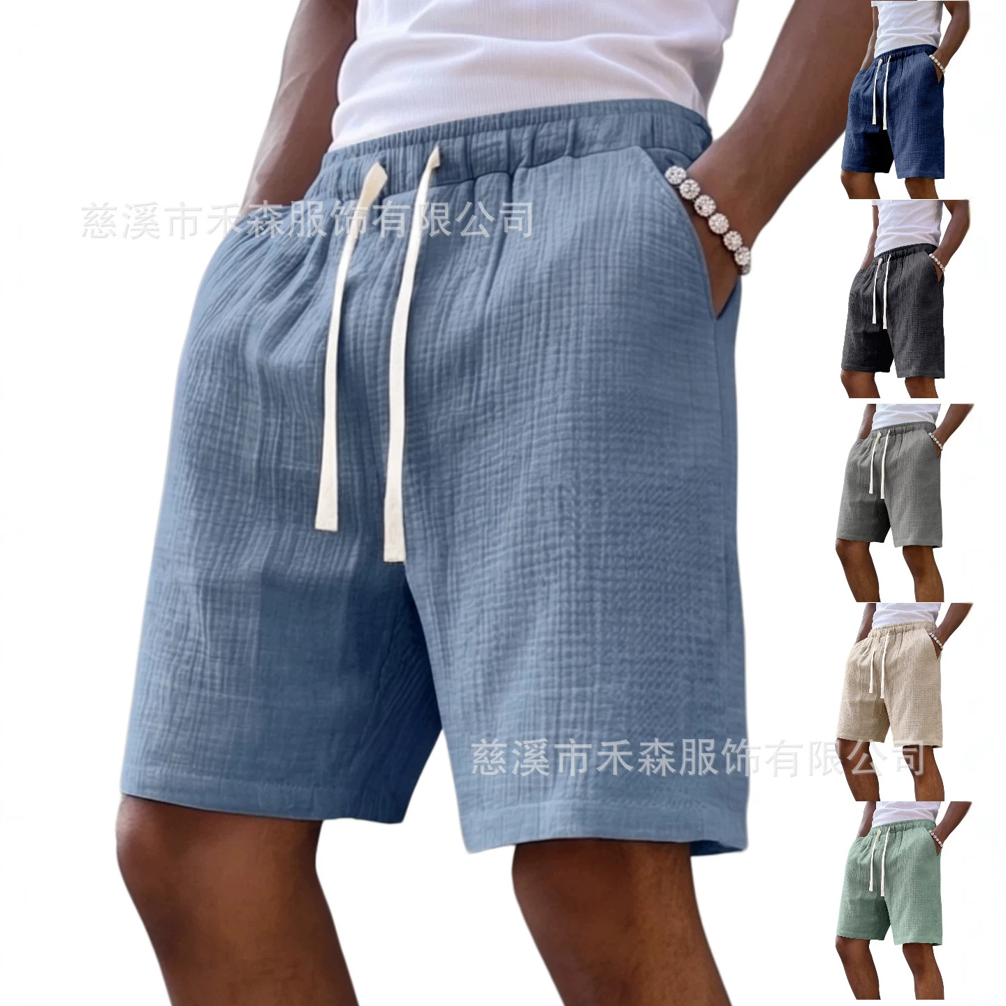 Exclusive for cross-border sales: Summer European and American men's pleated cotton-linen shorts, textured elastic drawstring beach shorts, men's knee-length shorts