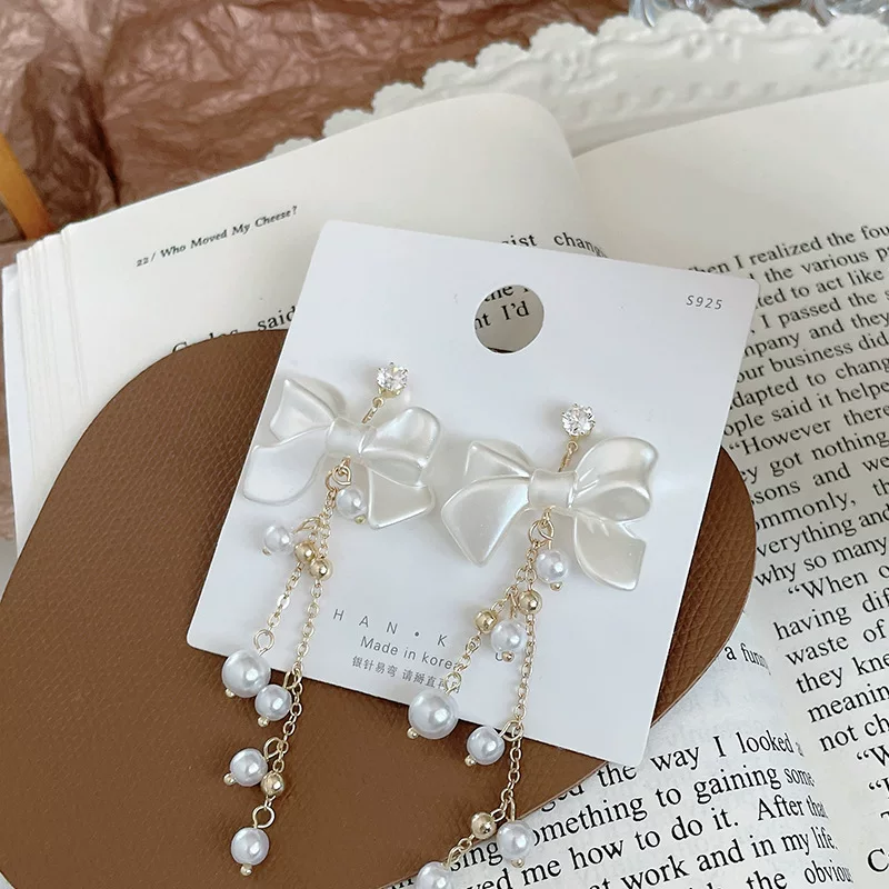 Серебряная игла из жемчуга, длинные милые серьги с бантом и кисточками, серебро 925 образец