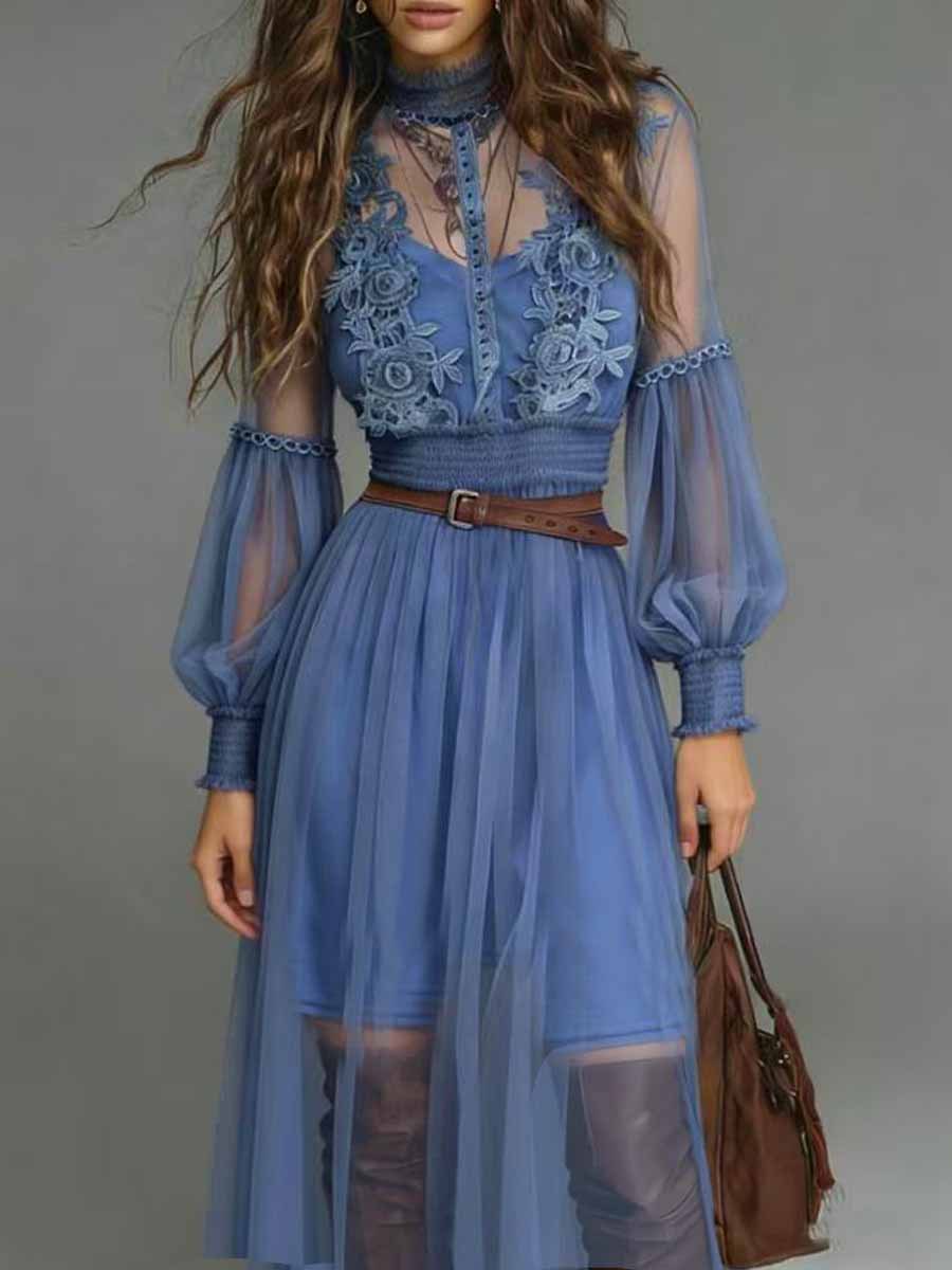 2026 European And American Cross-border Independent Site Western Resort Sheer Lantern Sleeve Lace Appliqué Mesh_ecoleips.com