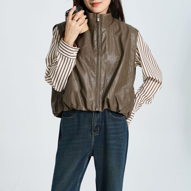 Thirteen Lines Korean Th Women's Autumn and Winter New Stand Collar Fashion Jacket Sleeveless Vest Top Pu Leather Vest Thirteen Lines Korean Th Women's Autumn and Winter New Stand Collar Fashion Jacket Sleeveless Vest Top Pu Leather Vest